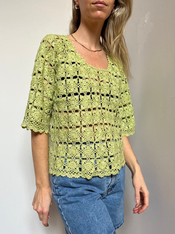 Vtg Hand-Knit Patchwork Crochet Top, Vintage Lime… - image 6