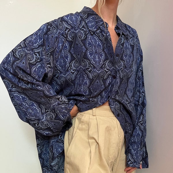 Vtg Liz Claiborne Silk Blouse, Vintage Navy Blue Paisley Long Sleeve Silk Top, Billowy Silk Blouse, Oversized Button Up