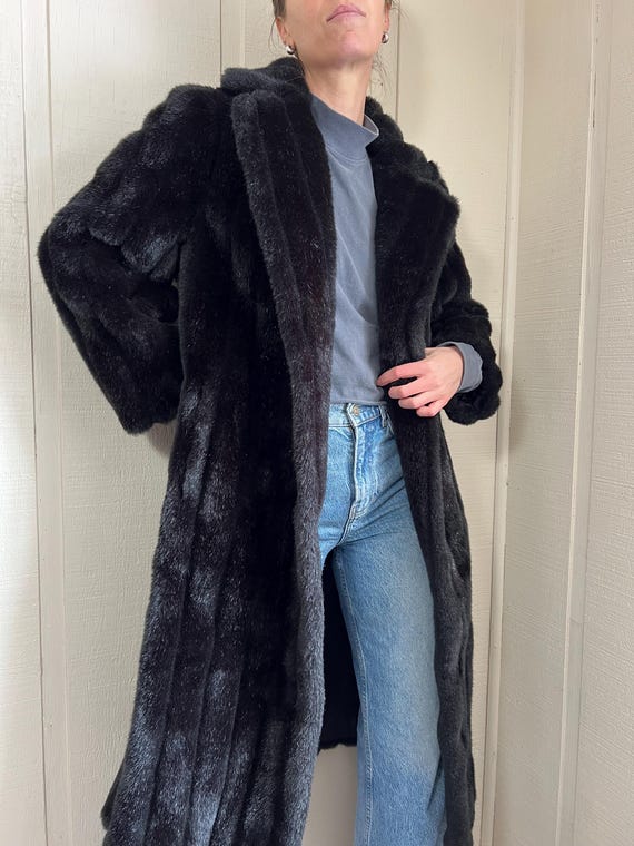 Vtg 80s Faux Fur Coat, Vintage Faux Long Coat, Black Fashion Coat View 6