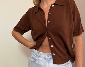 Cárdigan con cuello de punto vintage, camiseta con cuello de punto marrón chocolate, suéter de punto tipo cárdigan de manga corta, punto frontal con botón de polo