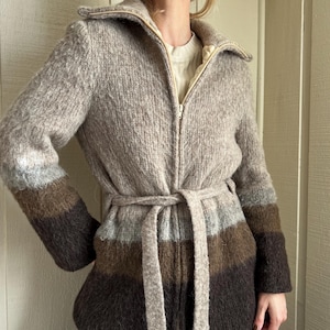 Vtg Icelandic Sweater Coat, Vintage Icelandic IceWool Belted Nordic Sweater Jacket, Striped Brushed Wool Knit, Brown Gray Tan Knit