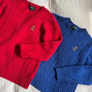 Vtg LRL Ralph Lauren Cableknit Sweater, Vintage Red and Blue Chunky Cotton Knit CrewNeck, Crest Knit Sweater