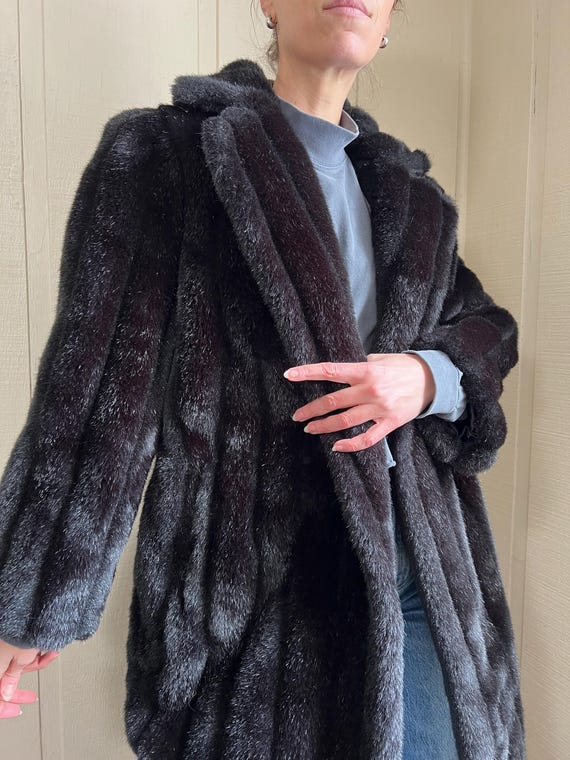 Vtg 80s Faux Fur Coat, Vintage Faux Long Coat, Black Fashion Coat View 2