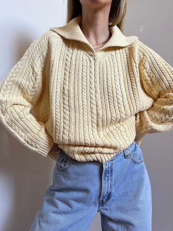 Vtg Talbots Polo Fisherman Knit Sweater, Vintage Butter Yellow