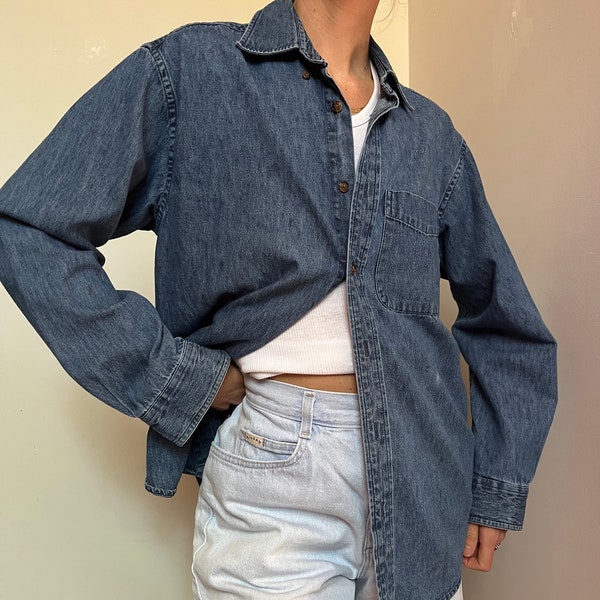 Vtg Denim Cotton Long Sleeve Button Up, Blue Denim Top, 90s Y2K Button Down Work Shirt, Cotton Oxford Blouse