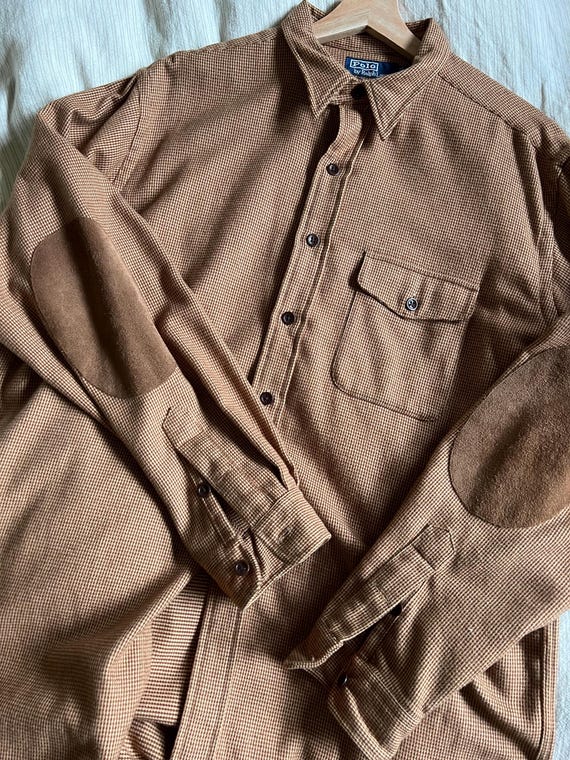 Vtg 90s POLO RL Flannel With Suede Elbow Patches, Vintage Men