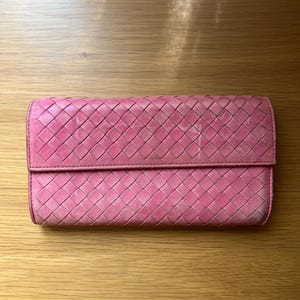 Cartera plegable larga Bottega Veneta vintage, cartera plegable larga rosa vintage, tarjetero y monedero, cartera de piel de diseñador