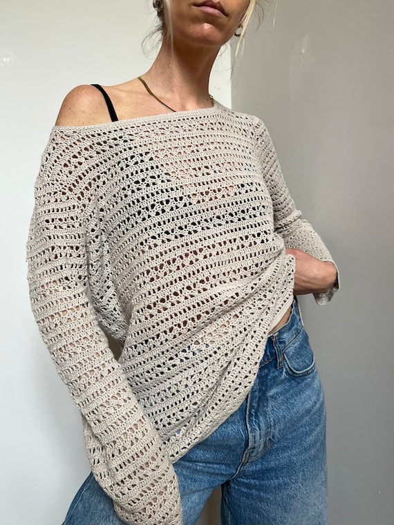 Vtg Liz Claiborne Crochet Sheer Knit Top, Linen Co