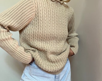 Vtg Liz Claiborne Cableknit Sweater, Vintage 90s Y2K Villager Sport Beige Mockneck Knit, Cotton Jumper Sweater
