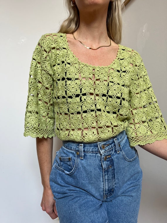 Vtg Hand-Knit Patchwork Crochet Top, Vintage Lime… - image 9