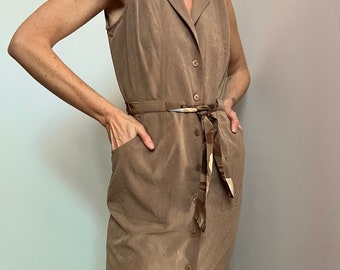 Abito Safari Vtg S/M/L, abito midi in vita con colletto beige vintage, abito midi con cintura