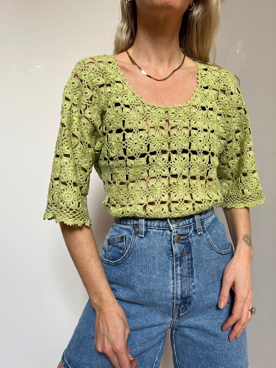 Vtg Hand-Knit Patchwork Crochet Top, Vintage Lime… - image 7