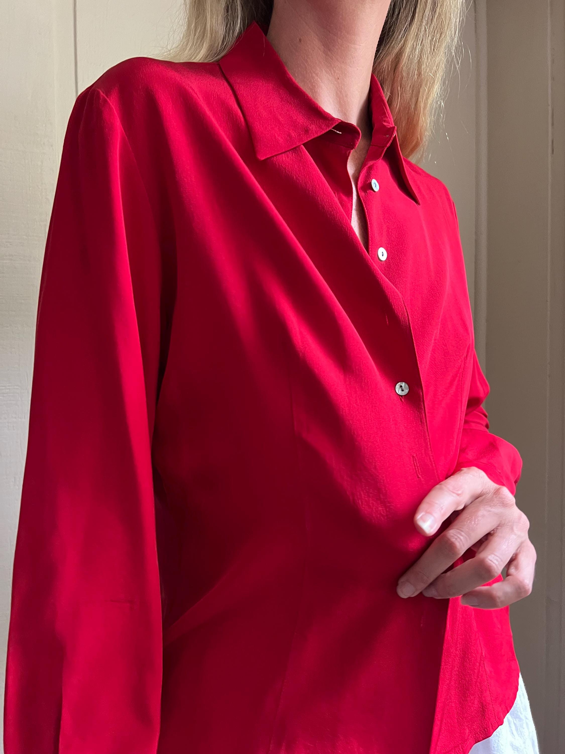 Vtg Cherry Red Silk Blouse, 90s Red Long Sleeve Silk Top