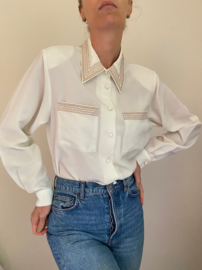 Vintage White Embroidered Collar Blouse 80s White Blouse Etsy