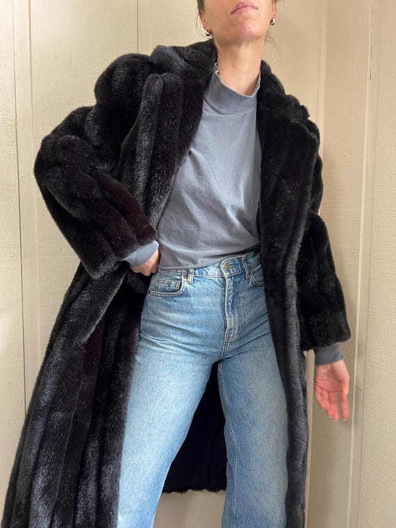 Vtg 80s Faux Fur Coat, Vintage Faux Long Coat, Black Fashion Coat View 5