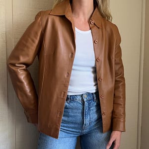 Veste en cuir VTG, manteau court marron camel vintage, veste en cuir pour femme marron Y2K des années 90