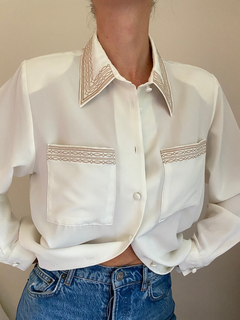 Vintage White Embroidered Collar Blouse 80s White Blouse Etsy