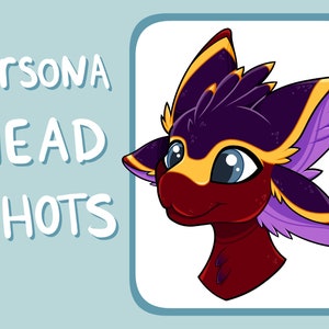 May include: A cartoon illustration of a furry character's head, with a red snout, purple and yellow details, and large blue eyes. The text "Fursona Head Shots" is written in white, outlined in blue.