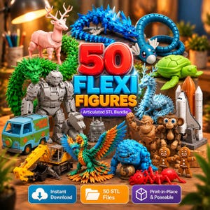 Könnte beinhalten: Eine Sammlung von 50 beweglichen Flexi-Figuren, darunter ein rosa Hirsch, ein blauer Drache, eine grüne Schildkröte, ein grauer Roboter, ein gelber Bagger, ein Space Shuttle und verschiedene Kreaturen. Das Bild zeigt den Text 50 FLEXI FIGURES Articulated STL Bundle.