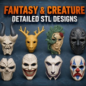Main bundle cover featuring more than twelve fantasy, creature, armored and decorative masks arranged around the words 80+ Mask STL Bundle.