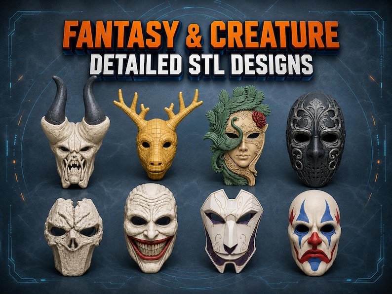 Main bundle cover featuring more than twelve fantasy, creature, armored and decorative masks arranged around the words 80+ Mask STL Bundle.