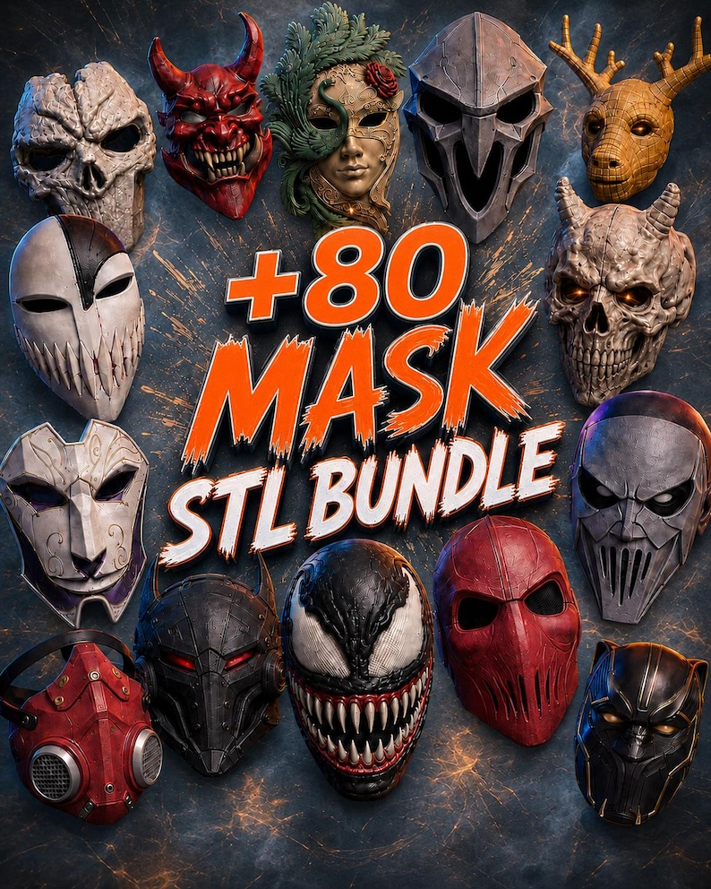 Five unpainted 3D printable mask models arranged on a dark blue display, showing armored, horned creature, decorative and skull-inspired designs with the words 3D Print Ready Clean STL Models.