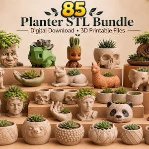 Può includere: Una collezione di 85 file STL per vasi, download digitale di file stampabili in 3D, che presenta vari vasi decorativi a forma di animali, volti umani, teschi e forme geometriche, ognuno contenente piccole piante grasse o cactus.