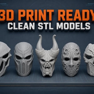 3D printing workshop containing a printer, painting equipment and multiple finished mask models on stands, demonstrating printing, painting and display possibilities.