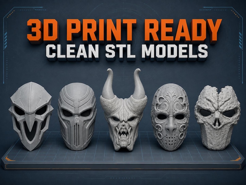 3D printing workshop containing a printer, painting equipment and multiple finished mask models on stands, demonstrating printing, painting and display possibilities.