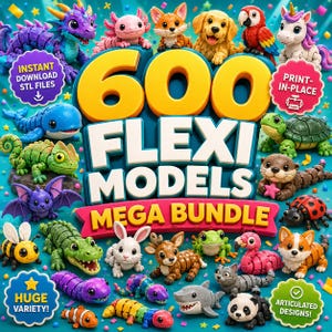 Peut inclure: Un graphique numérique affichant le texte 600 FLEXI MODELS MEGA BUNDLE entouré de diverses figurines d'animaux articulées, dont un dragon violet, un axolotl, un renard, un chien, un perroquet, une licorne, une baleine, une tortue et un requin.