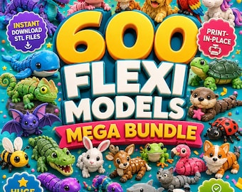 600 Flexi Animals STL-paket, Ledade 3D-utskriftsfiler, Skriv ut på plats STL, Mega-paket, Flexibla Fidget-djur, Omedelbar nedladdning