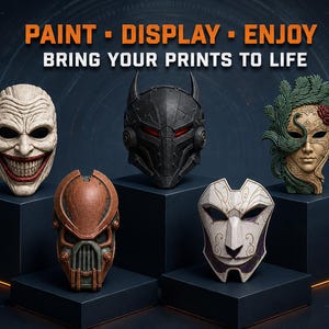 Nine sci-fi and armored mask designs in metallic finishes, demonstrating the variety of futuristic full-face models included in the printable STL collection.