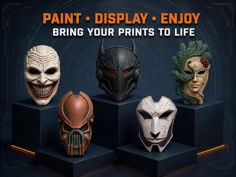 Nine sci-fi and armored mask designs in metallic finishes, demonstrating the variety of futuristic full-face models included in the printable STL collection.