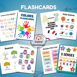320 Kids Flash Cards, Kindergarten Flashcards, Learning Digital Printable, Alphabet, Numbers, Colors, Emotions, Animals, Fruit, Preschool