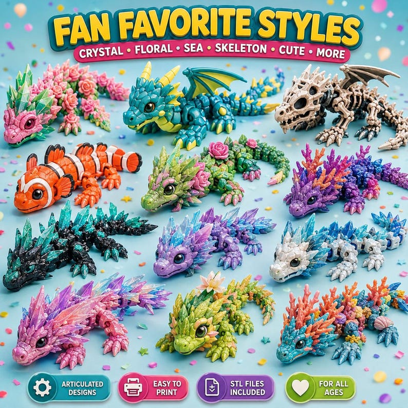Cute whimsical dragon STL designs including floral, clover, Easter, and baby dragon 3D print models.