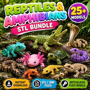 May include: A digital bundle of 25+ articulated reptile and amphibian models, including a green crocodile, a brown cobra, a teal chameleon, a pink axolotl, a green turtle, a purple snake, a brown snake, an orange frog, and two lizards.