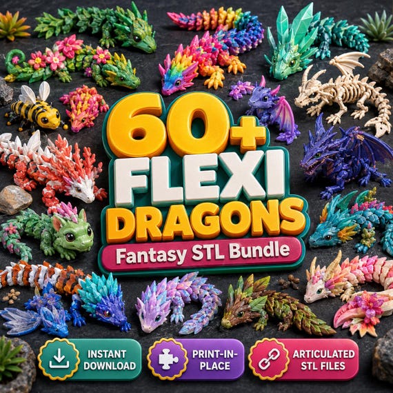 60+ Flexi Dragons STL Bundle, Articulated Dragon 3D Print Files, Fantasy Creatures, Print in Place STL 3MF Digital Download