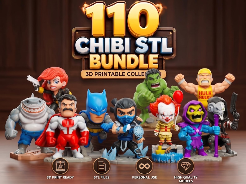 3D printed chibi figurines created from STL bundle files