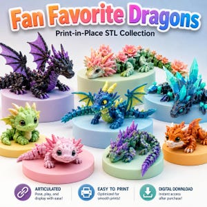 Epic fantasy dragon STL collection with crystal dragons, skeleton dragons, winged dragons, and dark fantasy designs.