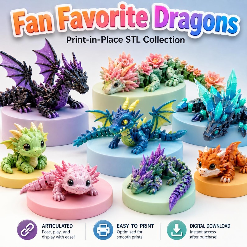 Epic fantasy dragon STL collection with crystal dragons, skeleton dragons, winged dragons, and dark fantasy designs.