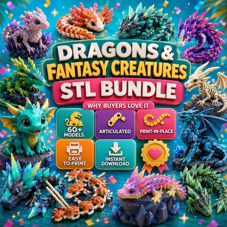 May include: A digital bundle of 3D printable STL files featuring various fantasy creatures and dragons. The image displays colorful, articulated models including crystal-themed dragons, skeletal figures, and segmented creatures on a blue background.