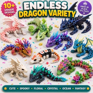 Dragons and fantasy creatures STL bundle with print-in-place articulated 3D models for makers and collectors.