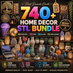 740+ 3D Printable Home Decor Bundle STL, Vases, Lamps, Wall Art, Planters, Key Holders, Stands & 3D Printable Digital Bundle
