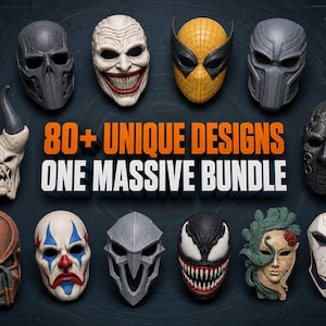 Five finished mask examples arranged on display stands, demonstrating how the digital STL models can look after 3D printing, sanding, painting and finishing.