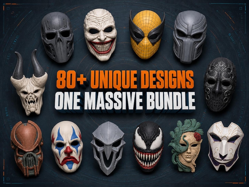 Five finished mask examples arranged on display stands, demonstrating how the digital STL models can look after 3D printing, sanding, painting and finishing.