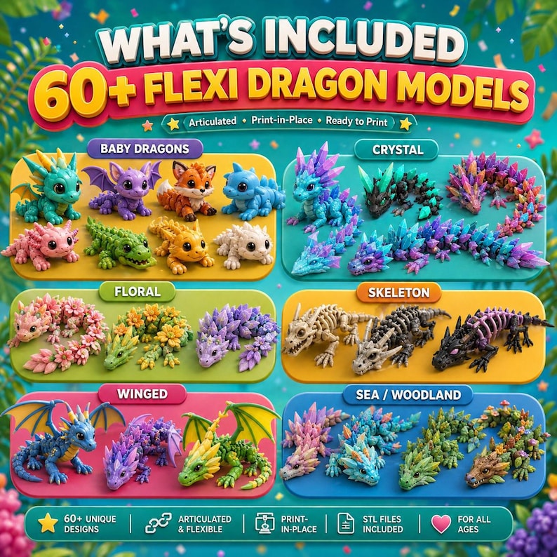 Fan favorite articulated dragon STL models for 3D printing, including cute, crystal, floral, and winged dragon designs.