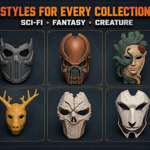 Collection preview showing twelve different sci-fi, fantasy, creature, skull and decorative mask designs surrounding the words 80+ Unique Designs, One Massive Bundle.