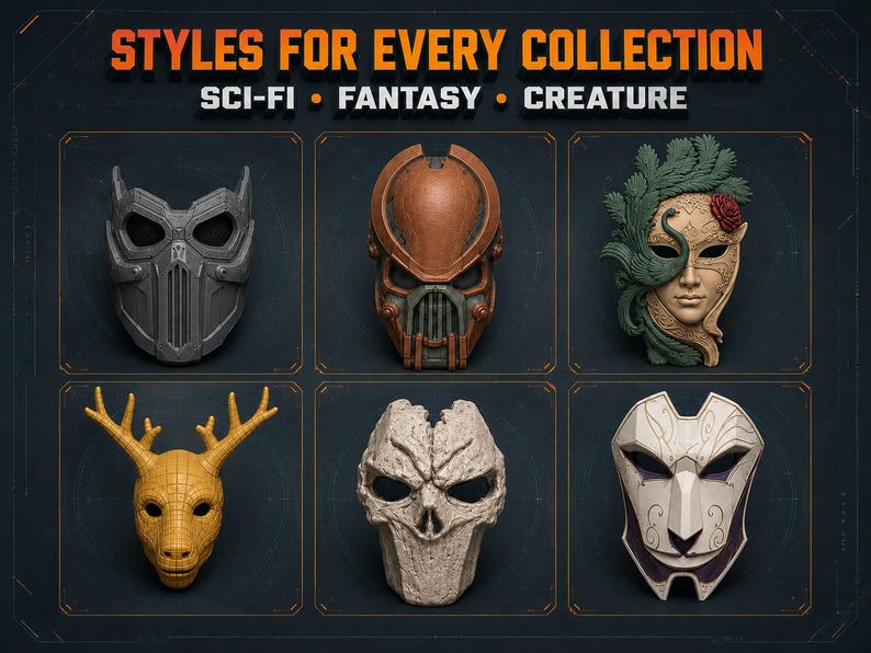 Collection preview showing twelve different sci-fi, fantasy, creature, skull and decorative mask designs surrounding the words 80+ Unique Designs, One Massive Bundle.