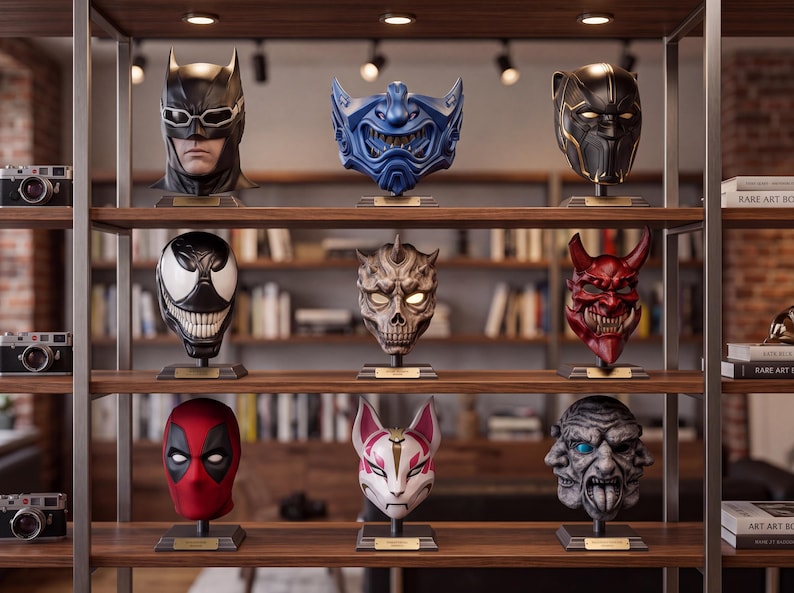 Premium display of detailed 3D mask models with a large blue fantasy mask centered among red, black, white and skull inspired designs.