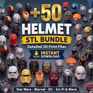 Puede incluir: Una colección de más de 50 cascos en miniatura de diversas franquicias de ciencia ficción y cómics, dispuestos en una cuadrícula. El texto central dice +50 HELMET STL BUNDLE Detailed 3D Print Files INSTANT DOWNLOAD Star Wars Marvel DC Sci-Fi & More.
